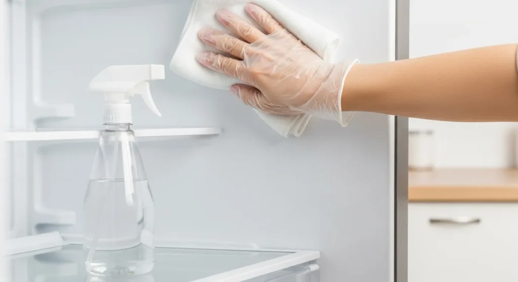 Person cleaning fridge interior with cloth.