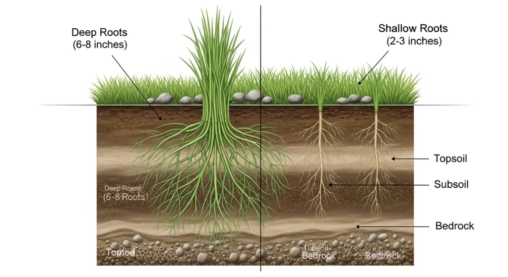 Cross-section diagram showing deep grass roots vs shallow grass roots
