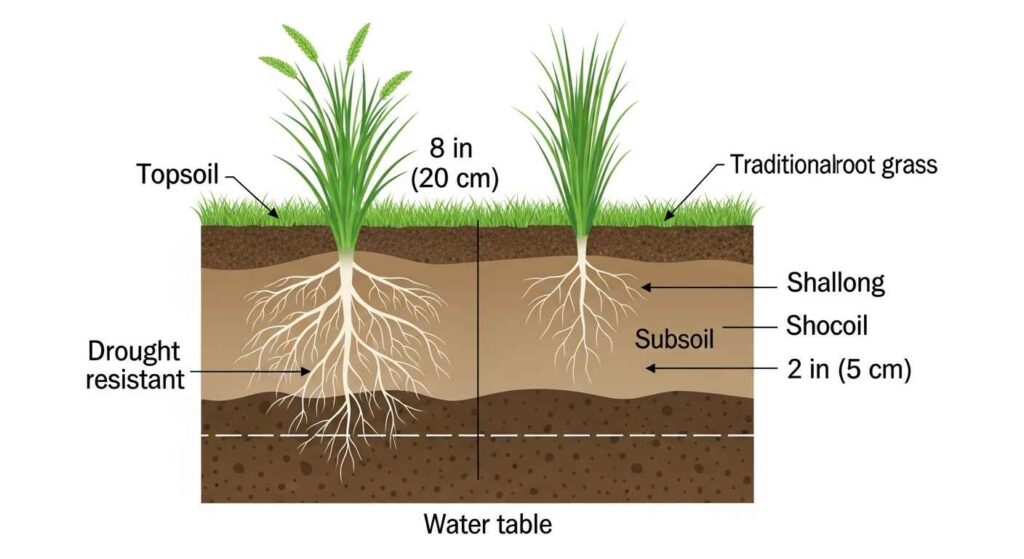 Cross-section showing deep drought-resistant grass roots versus shallow traditional grass roots
