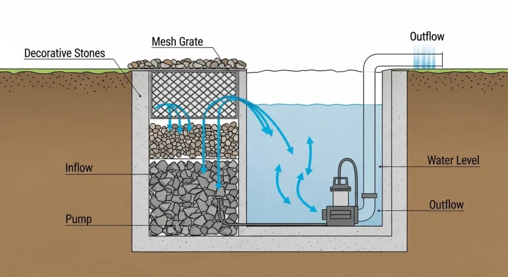 Diagram showing underground basin, pump, and stone covering for disappearing water feature