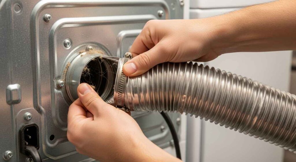 Hands wearing work gloves disconnecting dryer vent hose from back of dryer unit