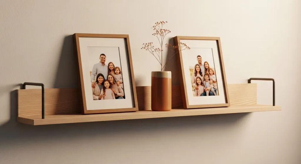 Shelf with framed photos and a sentimental vase.