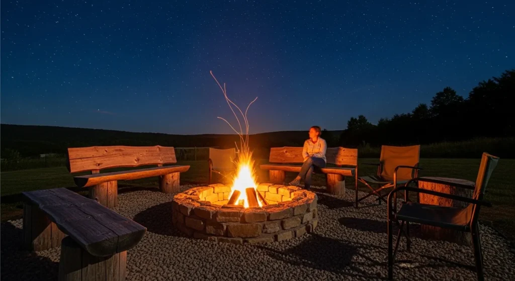 Stone fire pit with flames surrounded by outdoor seating in backyard

