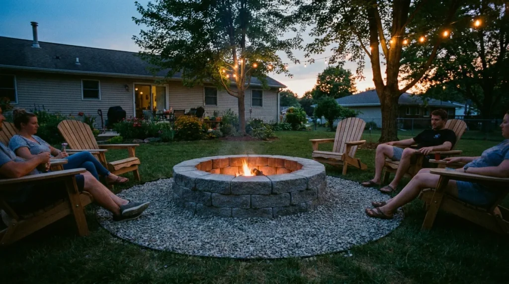DIY block fire pit made from stacked retaining wall blocks in a backyard