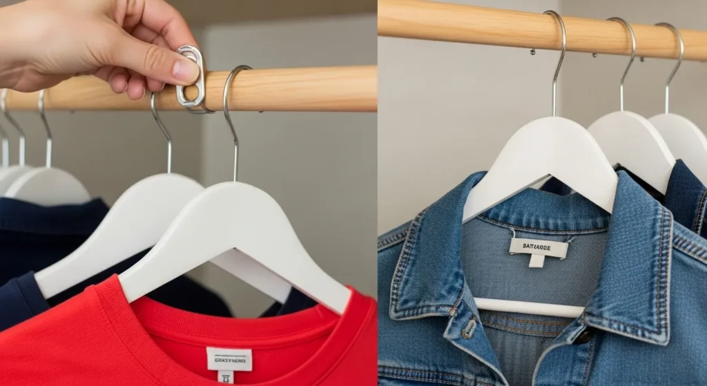 Collection of DIY closet organization solutions including soda can tabs and chains