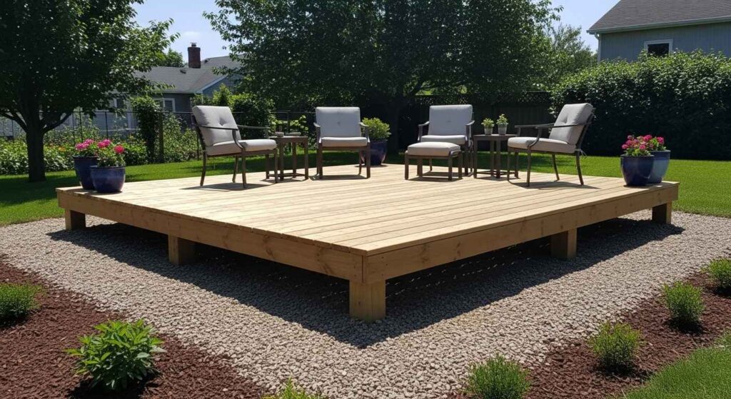 Built-in deck storage bench with open lid showing storage space inside