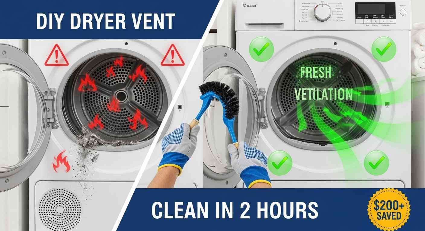DIY dryer vent cleaning guide thumbnail showing before and after cleaning results with money savings