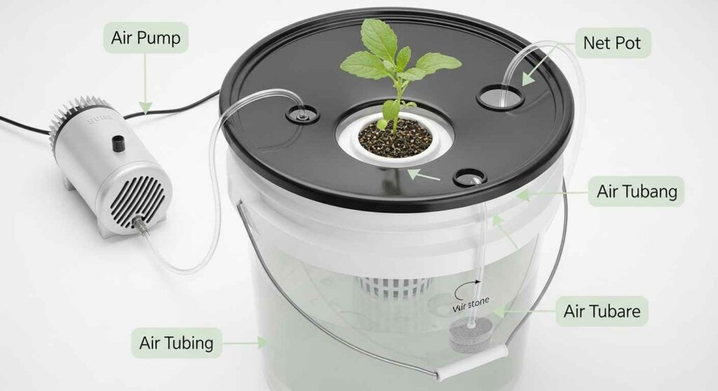 Simple DIY hydroponic deep water culture system with bucket, net pots, and air pump