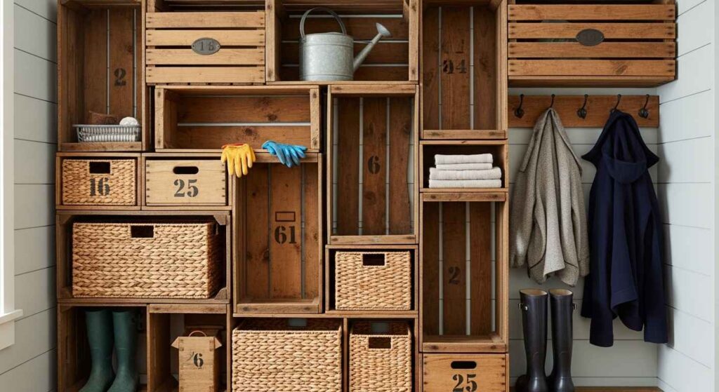 DIY mudroom storage using repurposed wooden crates