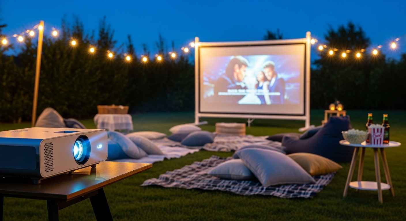 DIY backyard movie night setup with projector, screen, and cozy seating under string lights