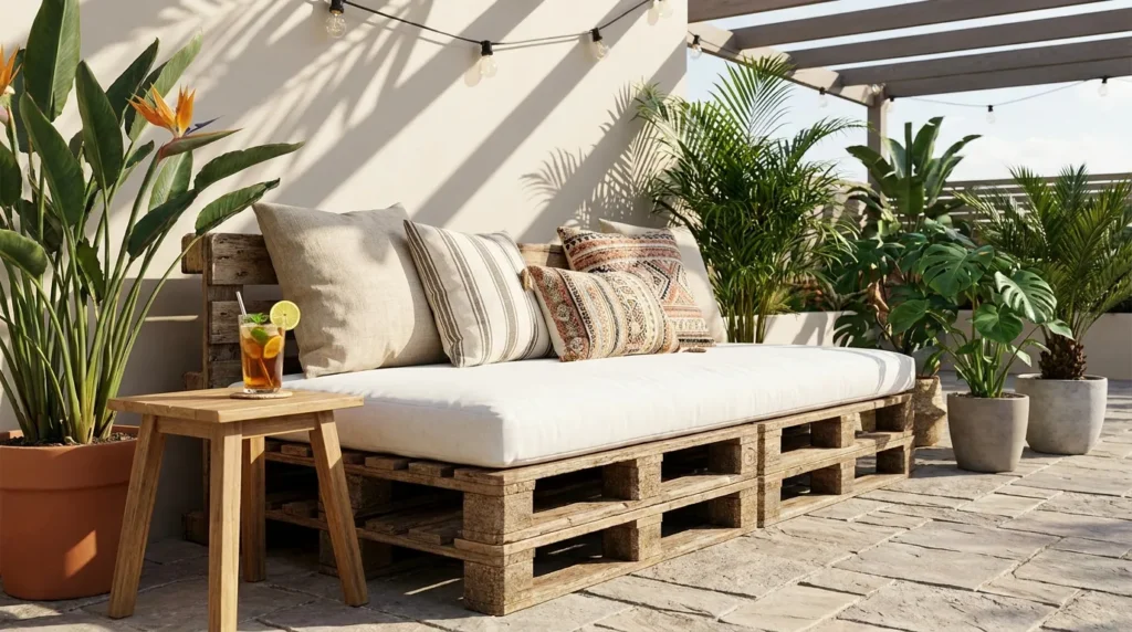 DIY pallet outdoor daybed with white cushion on a sunny patio surrounded by plants