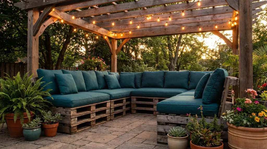 DIY pallet outdoor sectional sofa with teal cushions on a backyard patio with string lights