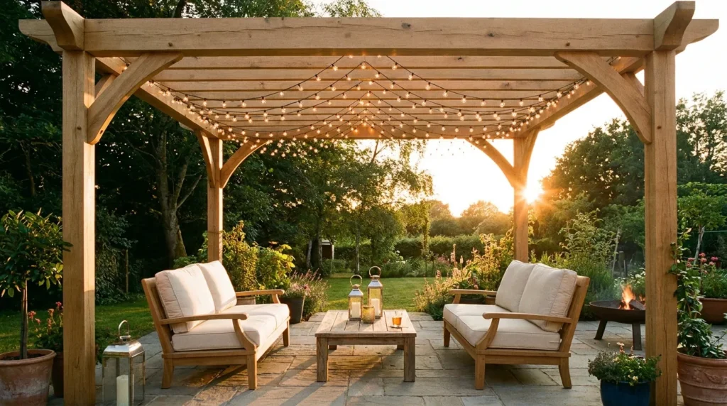 DIY wood pergola kit with string lights over a backyard patio seating area