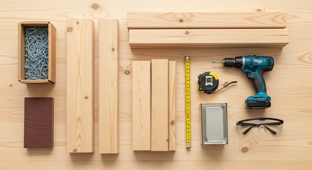 Layout of DIY plant stand building materials on wooden workbench with tools and lumber