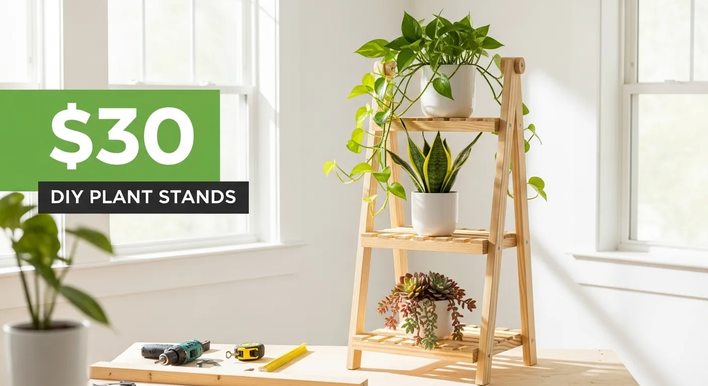 DIY wooden plant stand with three tiers displaying houseplants in modern home interior with tools and $30 cost overlay