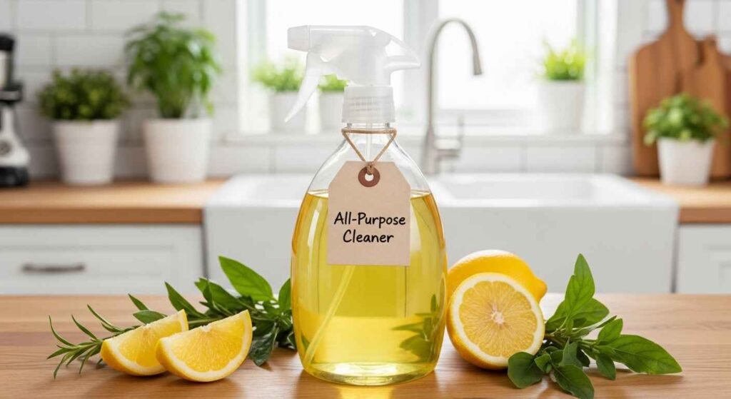 Spray bottle filled with natural cleaner.
