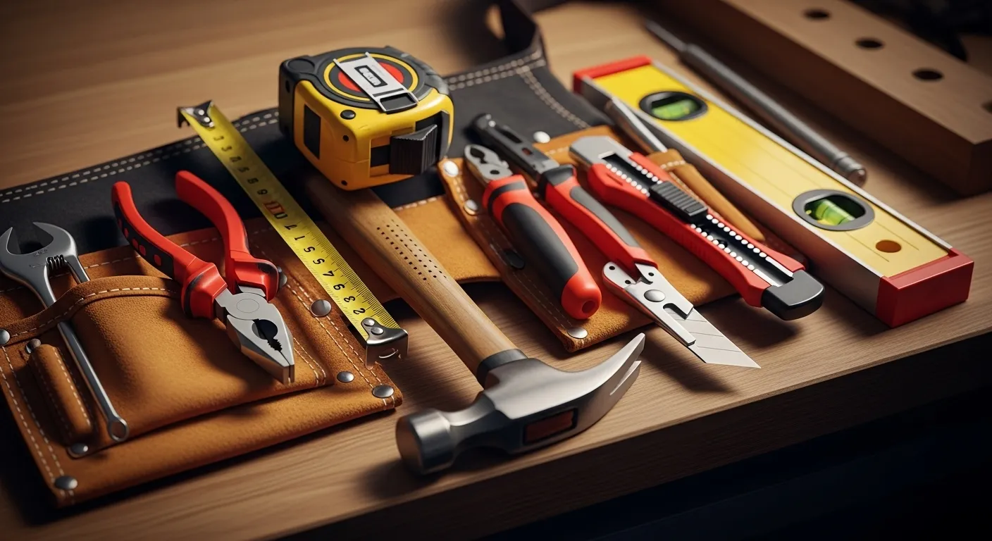 Professional thumbnail of DIY tool belt essentials on workbench.