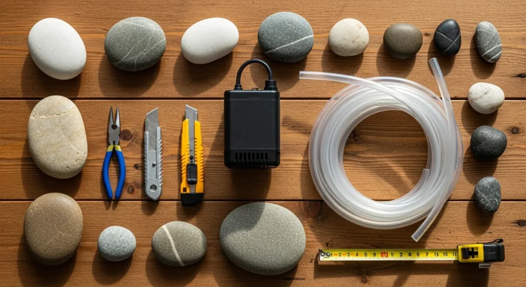 Laid out tools including pump, tubing, stones, and basic hand tools for water feature construction