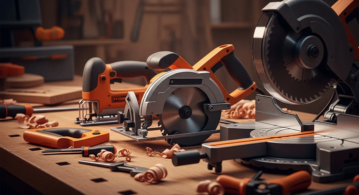 Array of top saws on workbench for DIY woodworking guide.
