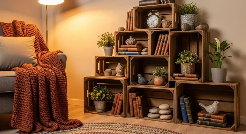 Wooden crates stacked as shelves holding books and decor.