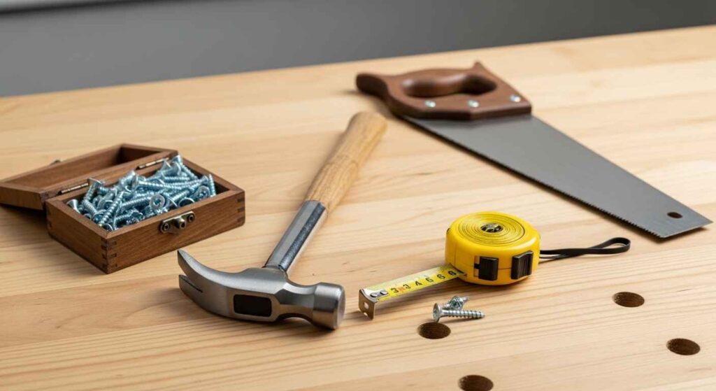 A collection of DIY tools like a hammer, screws, and measuring tape on a wooden surface.