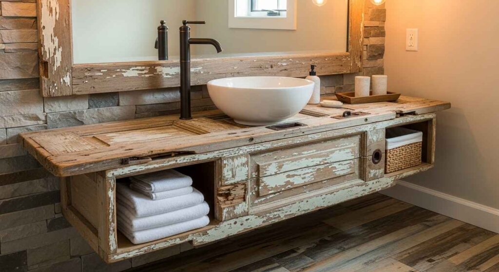 Bathroom vanity made from weathered door with vessel sink and open storage