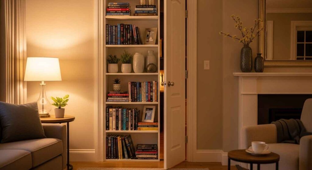 Tall wooden door converted to bookshelf with books, plants, and decorative objects