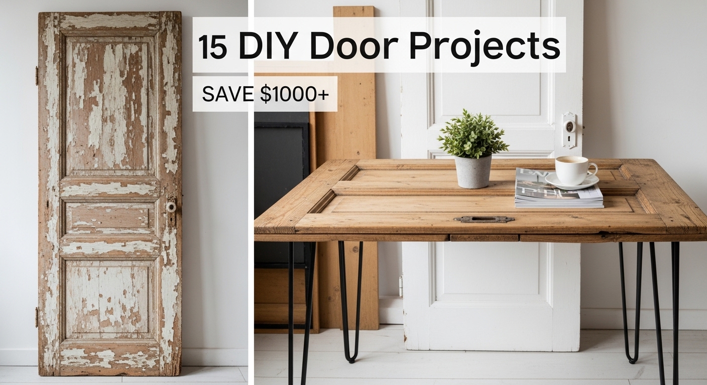 Before and after image showing weathered door transformed into rustic dining table with text overlay “15 DIY Door Projects Save $1000+”