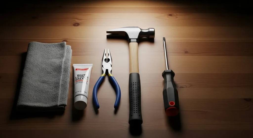 Assortment of tools including hammer, pliers, and lubricant for door hinges