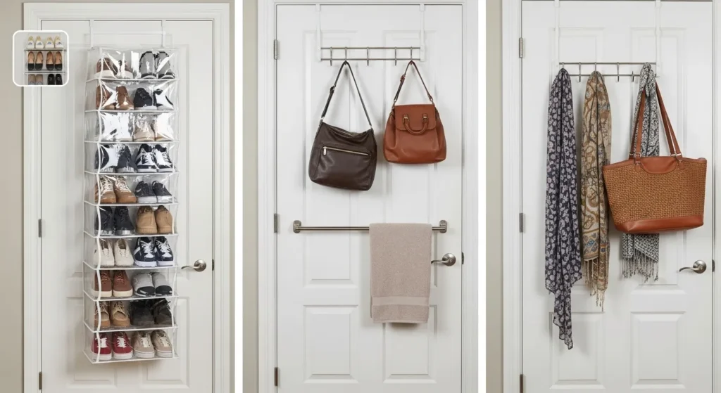 Closet door with multiple storage solutions including shoe organizer and hooks