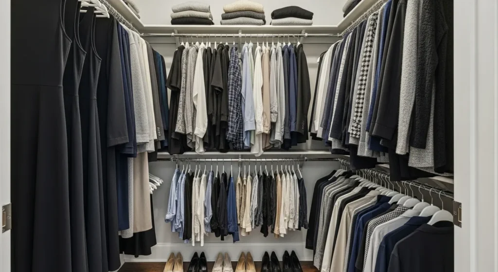 Small closet with upper and lower hanging rods showing efficient vertical space usage