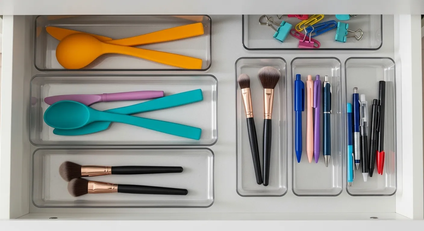 Colorful items in clear drawer organizers for a tidy home.