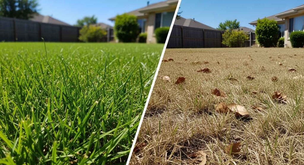 Comparison of green drought-resistant lawn versus brown dying regular lawn