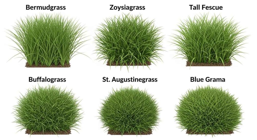 Grid showing different drought-resistant grass types including bermuda, zoysia, and fescue