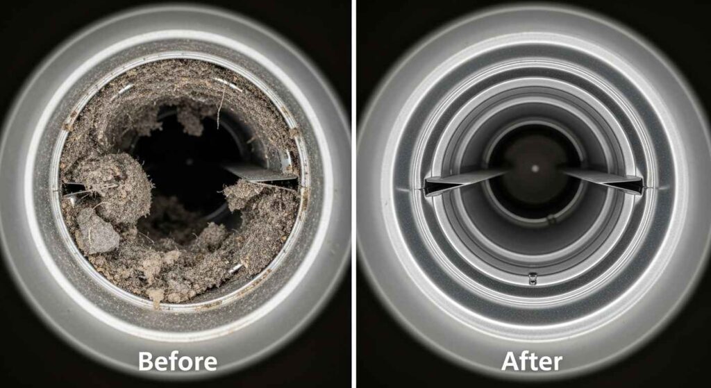 Before and after comparison of dryer vent cleaning showing lint removal results