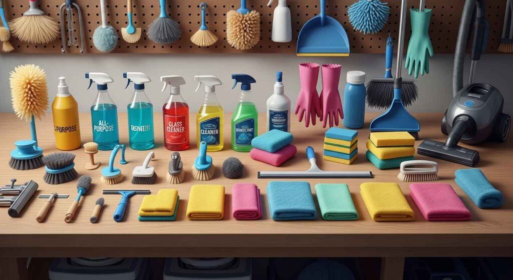 Essential dryer vent cleaning tools including brush kit, vacuum, screwdriver, and safety equipment