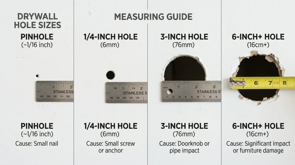 Four types of drywall holes shown side by side — nail hole, small hole, medium hole, and large hole