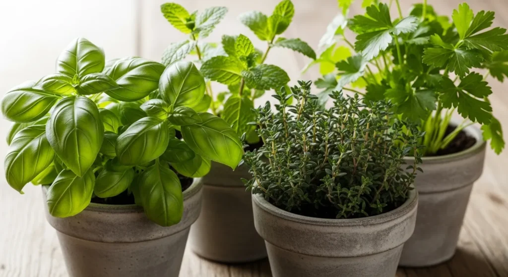 Pots of basil, mint, and thyme on a table.