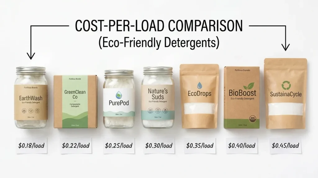 Side by side comparison of eco-friendly laundry detergent formats and cost per load