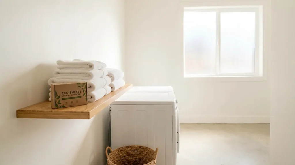 Minimal eco-friendly laundry room setup with detergent sheets and folded clean towels on bamboo shelf