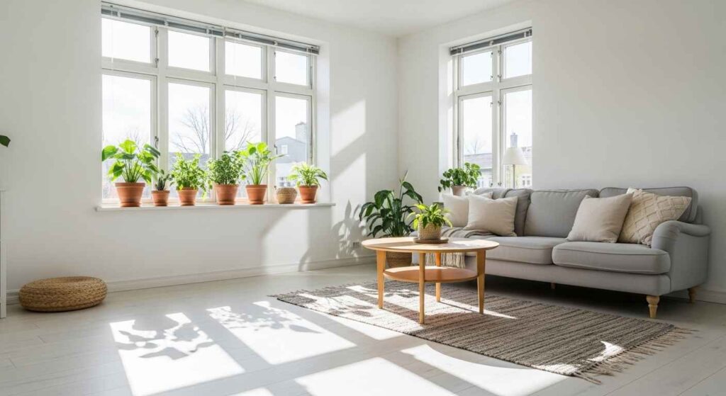 Clean living room with eco-friendly painted walls and natural lighting
