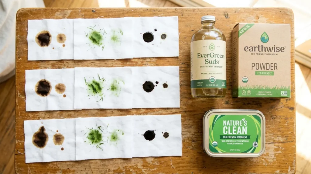 Eco-friendly laundry detergent stain removal testing with cotton fabric swatches and multiple product options