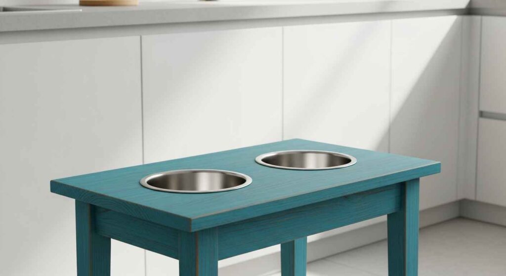 A small wooden table with two stainless steel bowls embedded, placed in a kitchen.