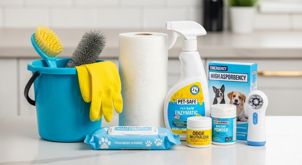 Pet accident cleaning supplies including towels, enzyme cleaner, and spray bottle