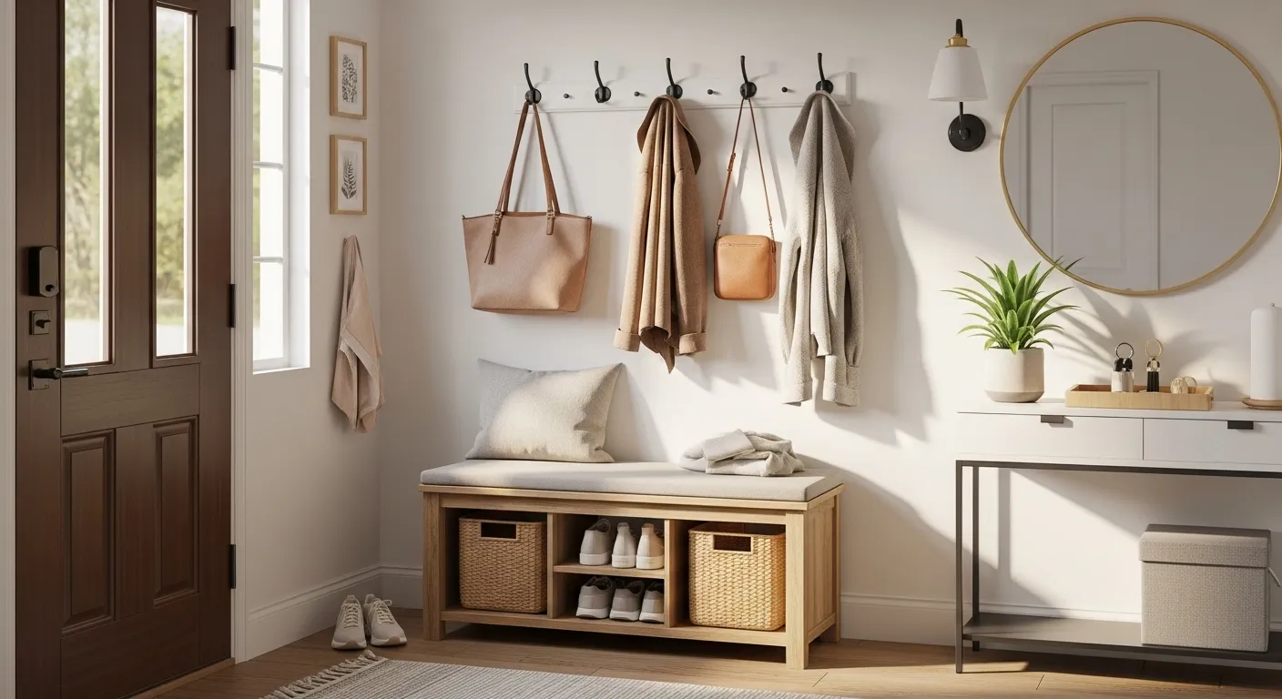 Organized entryway featuring bench, hooks, and console table.