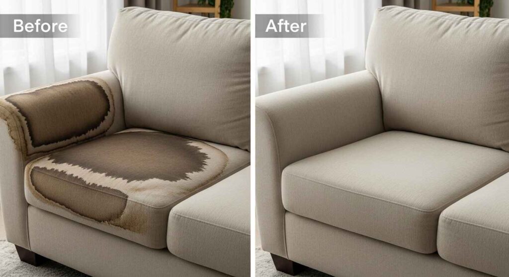 Split image showing furniture before and after enzyme cleaner treatment for pet odors
