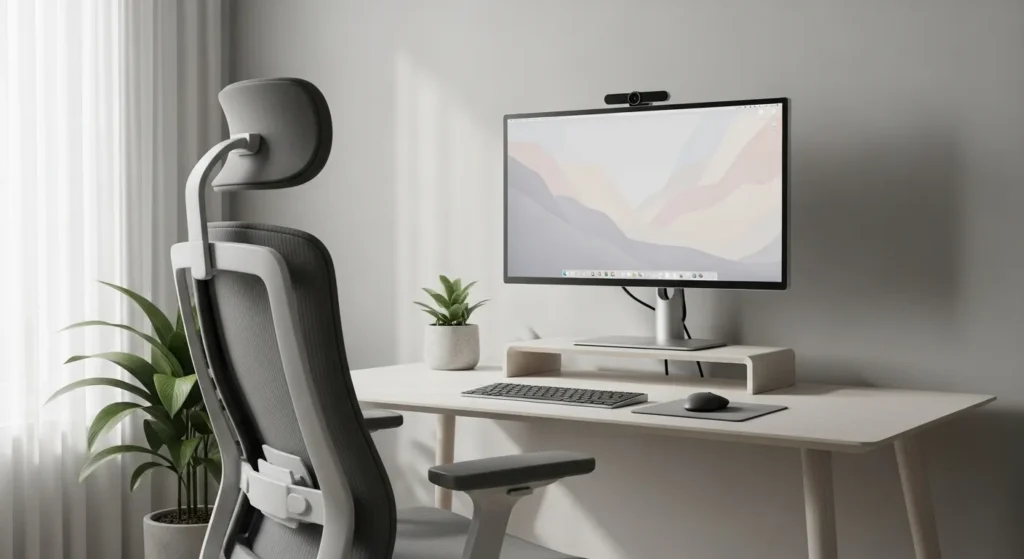 Home office with adjustable chair, monitor at eye level, and organized desk