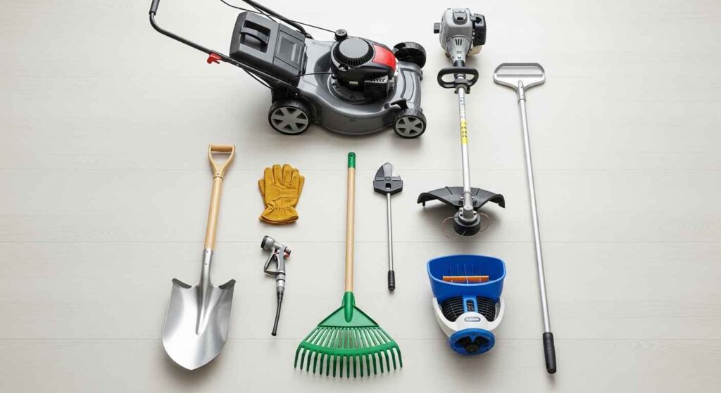 Essential lawn care tools laid out including mower, rake, shovel, and spreader