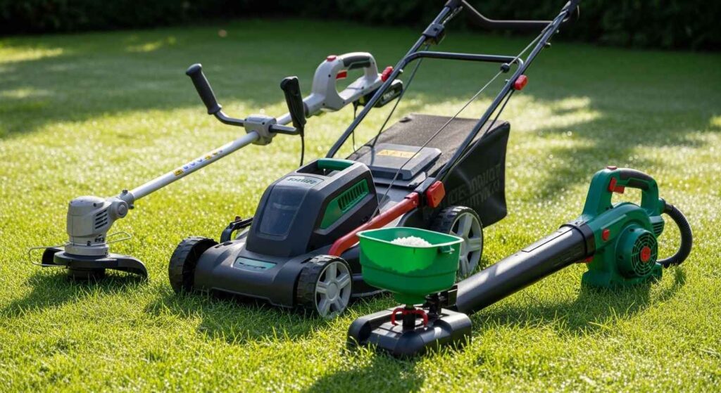 Lawn mower, string trimmer, leaf blower and spreader on grass