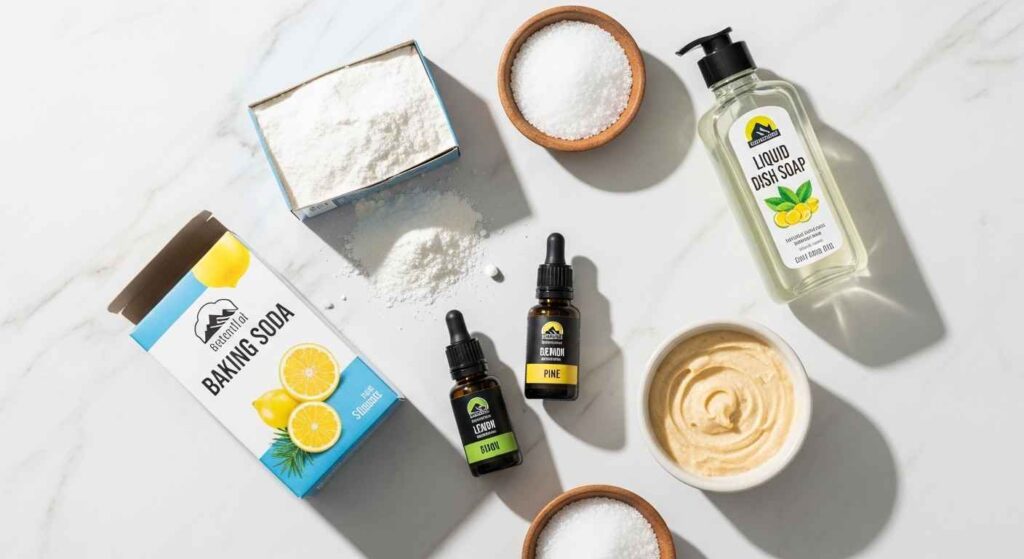 Ingredients for essential oil oven cleaner including baking soda, salt, dish soap and essential oil bottles